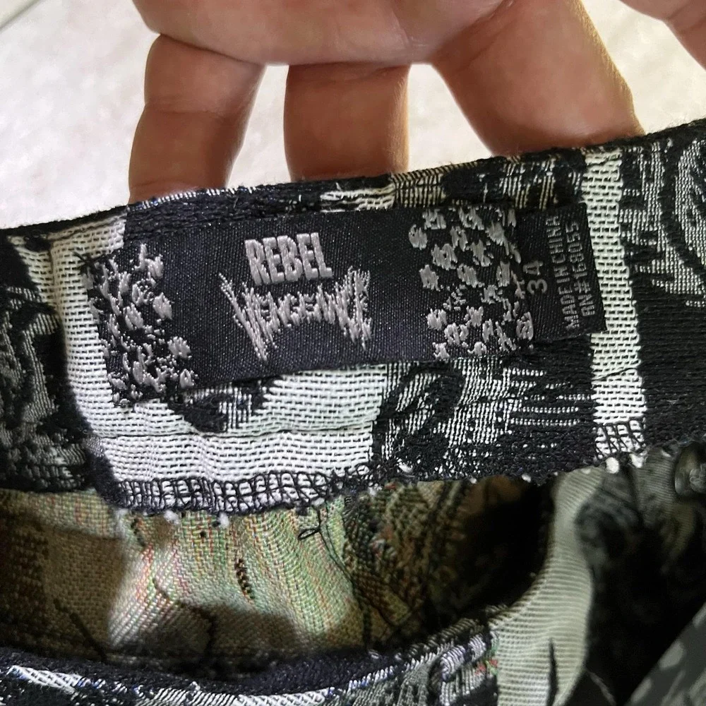 Rebel Vengeance Pants Mens 34x34 Black Flame Tapestry Cargo Gothic Stacked Fit